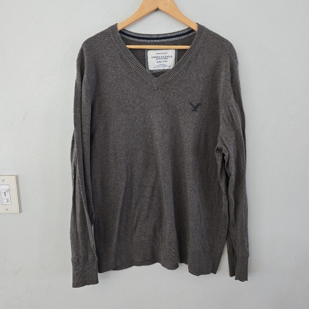 American Eagle Sweater Mens XXL Brown Cotton Vintage Fit Pullover V-Neck Preppy